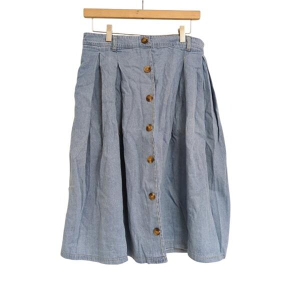 Women's A-Line Pleated Midi Denim Skirt High Waist Button Front with Pockets L - Picture 2 of 5